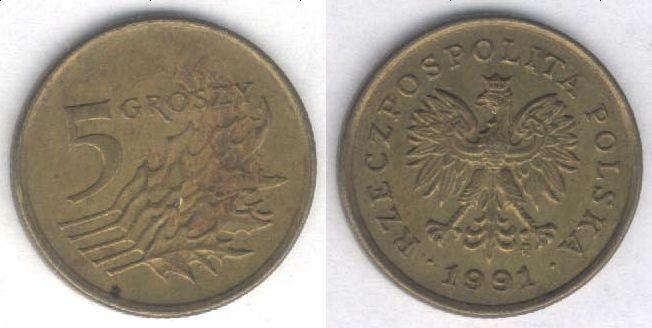 Монета Польша 5 грошей 1991 г. VF