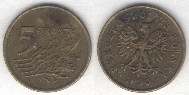 Монета Польша 5 грошей 1990 г. VF