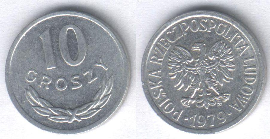 Монета Польша 10 грошей 1979 г. XF, алюминий