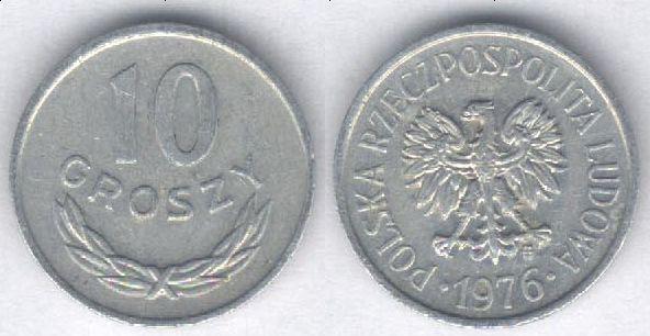 Монета Польша 10 грошей 1976 г. XF, алюминий