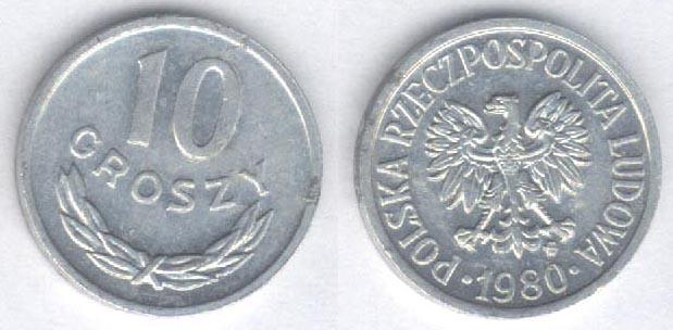 Монета Польша 10 грошей 1980 г. XF+, алюминий