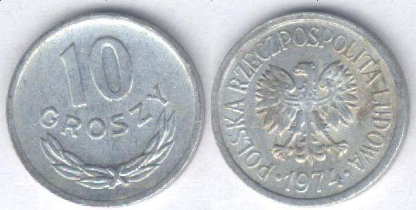 Монета Польша 10 грошей 1974 г. XF, алюминий