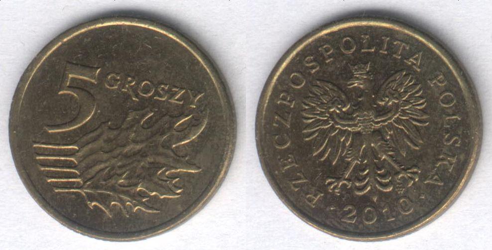 Монета Польша 5 грошей 2010 г. XF