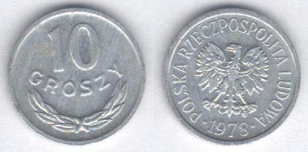 Монета Польша 10 грошей 1978 г. XF, алюминий