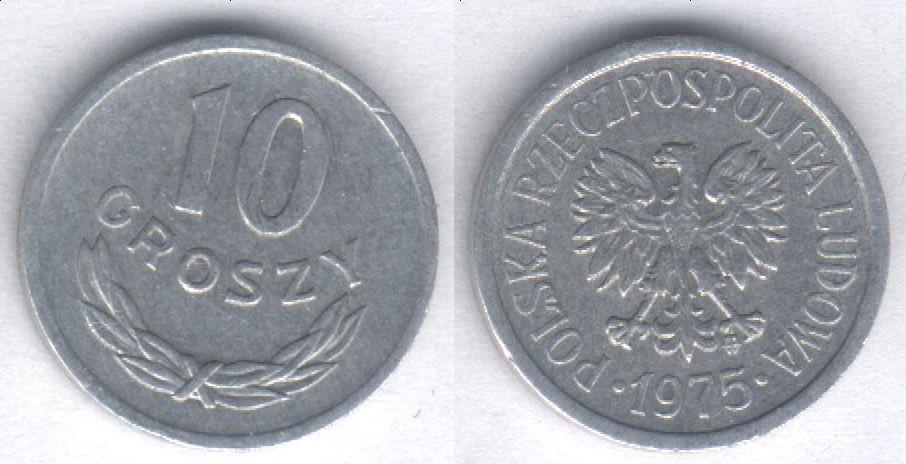 Монета Польша 10 грошей 1975 г. XF, алюминий