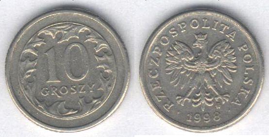 Монета Польша 10 грошей 1998 г. VF