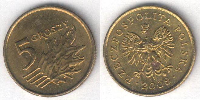 Монета Польша 5 грошей 2008 г. XF
