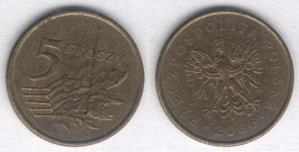 Монета Польша 5 грошей 2006 г. VF