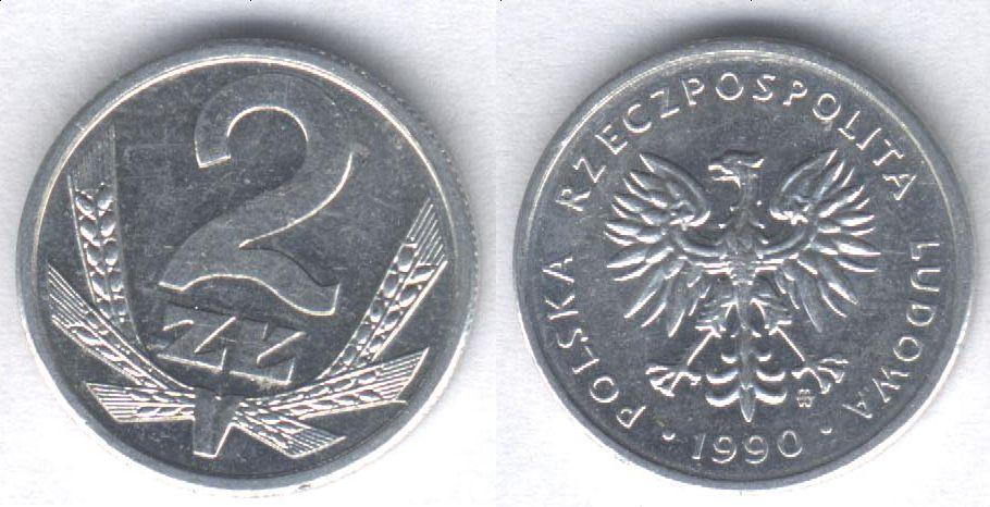 Монета Польша 2 злотых 1990 г. XF, алюминий