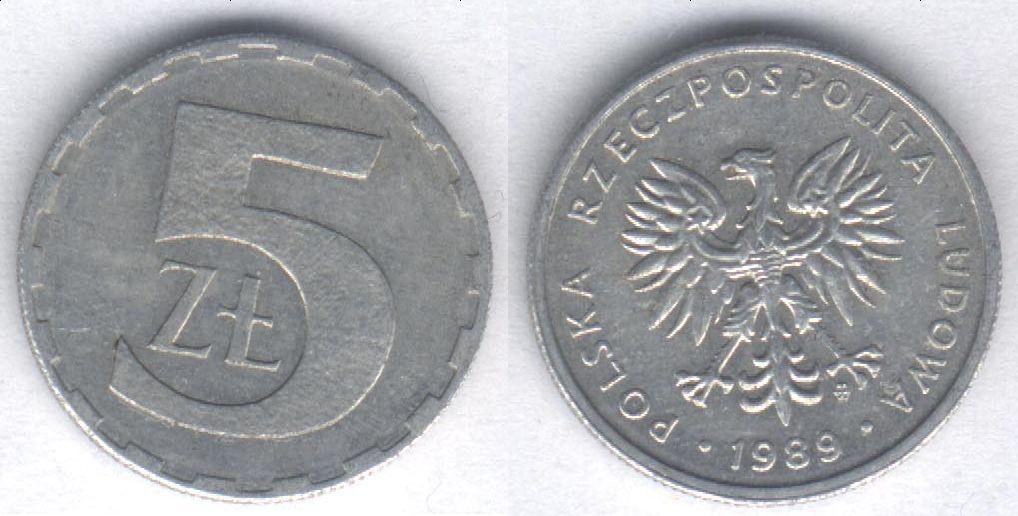 Монета Польша 5 злотых 1989 г. XF, алюминий