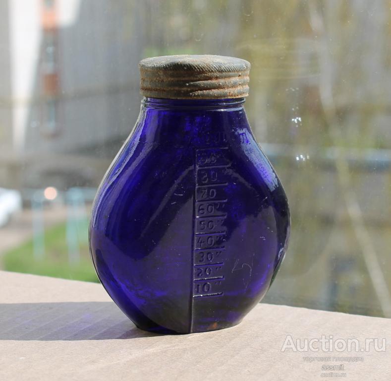 Баночка мерная кобальтовое стекло с родной крышкой до 1917 года Российская Империя
