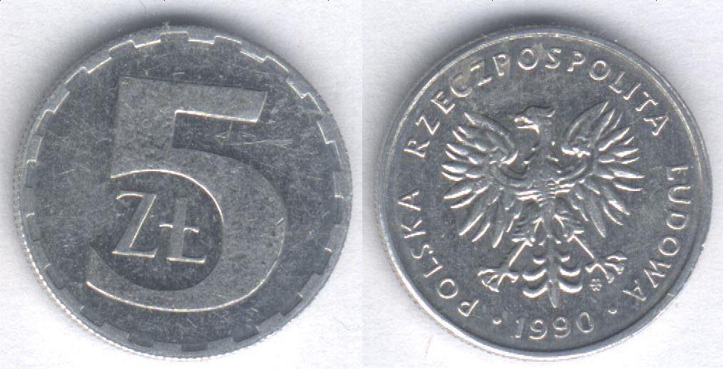 Монета Польша 5 злотых 1990 г. XF, алюминий