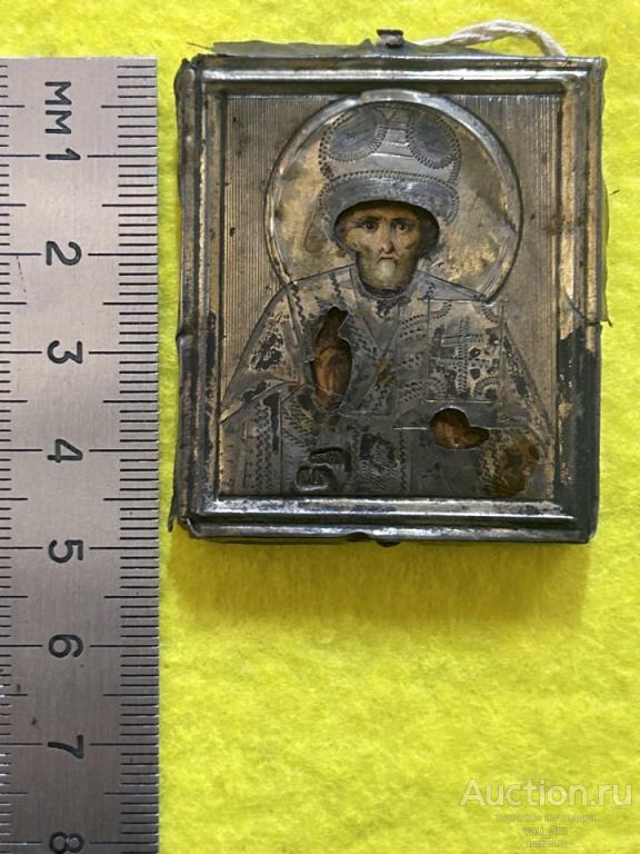 Старинная маленькая оригинальная икона Николай Чудотворец Угодник оклад серебро 84 проба
