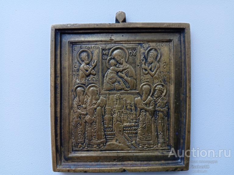 Владимирская икона меднолитая, поклонение владимирской богоматери 6 см х 5,6 см