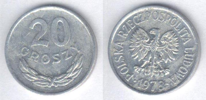 Монета Польша 20 грошей 1978 г. XF, алюминий