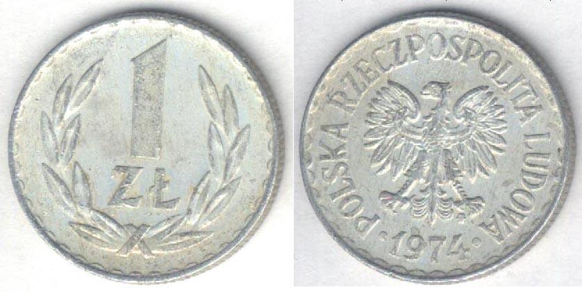 Монета Польша 1 злотый 1974 г. VF, алюминий