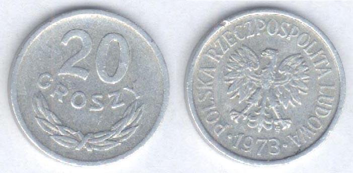 Монета Польша 20 грошей 1973 г. VF, с отметкой монетного двора (2)