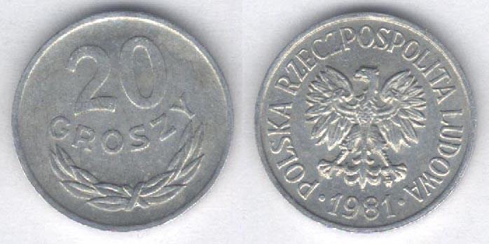 Монета Польша 20 грошей 1981 г. XF, алюминий