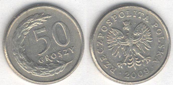 Монета Польша 50 грошей 2009 г. VF