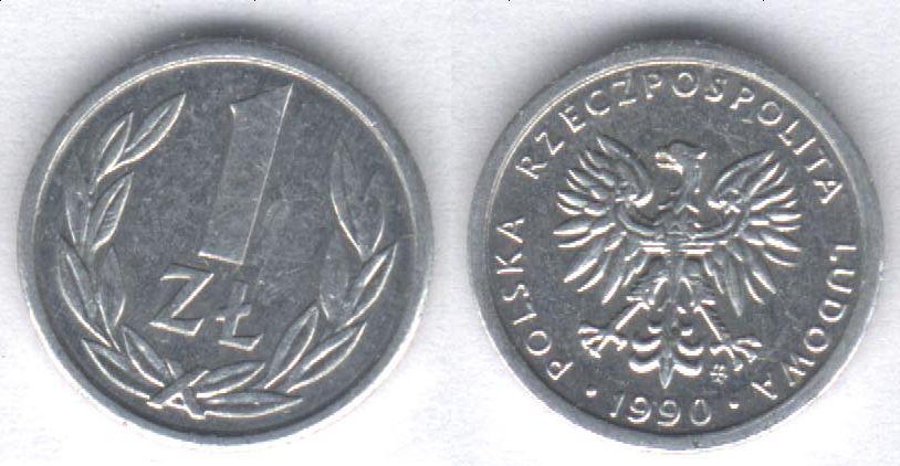 Монета Польша 1 злотый 1990 г. XF, алюминий
