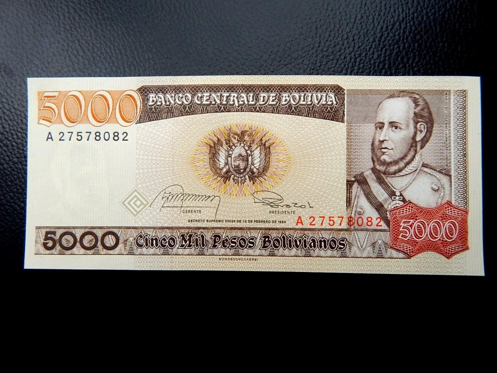Бона 5000 песо боливиано 1984 года серии "А" Боливия UNC