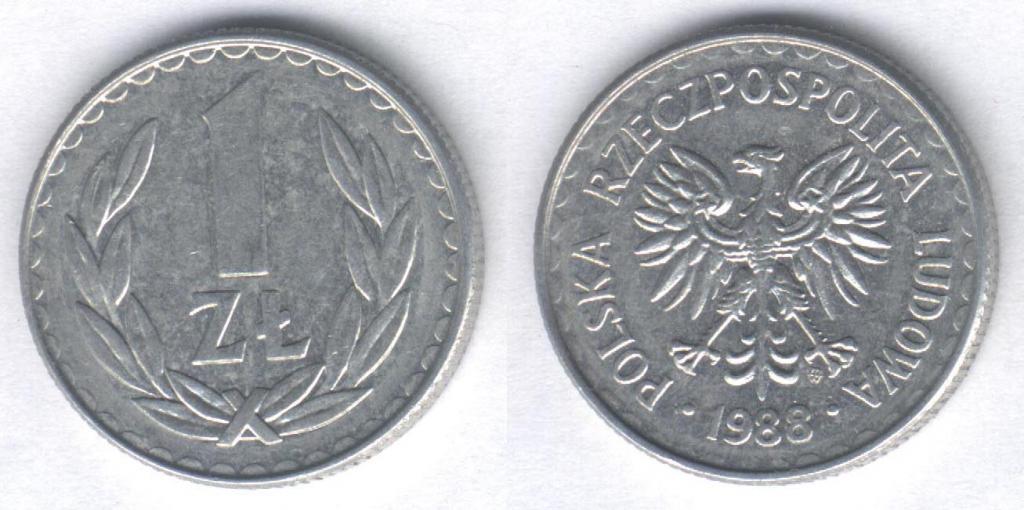 Монета Польша 1 злотый 1988 г. XF, алюминий