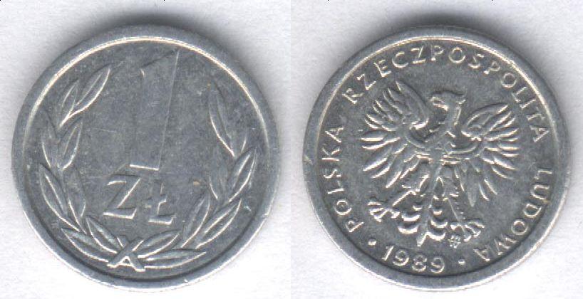 Монета Польша 1 злотый 1989 г. XF, алюминий