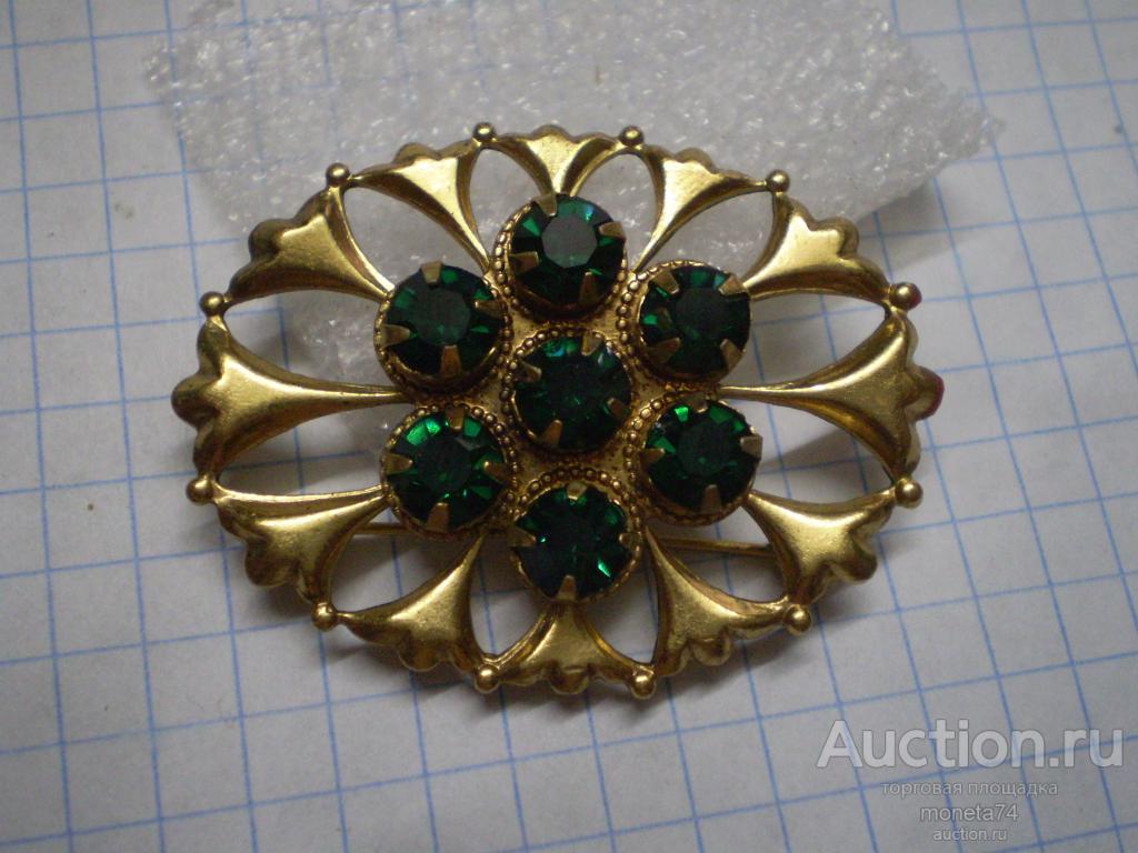 Большая брошь, позолота, клеймо, зеленные камни, СССР.