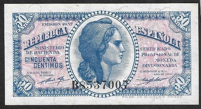 Испания. 50 Центаво. Сентимо. 1937 г. UNC. ПРЕСС. В1-2689