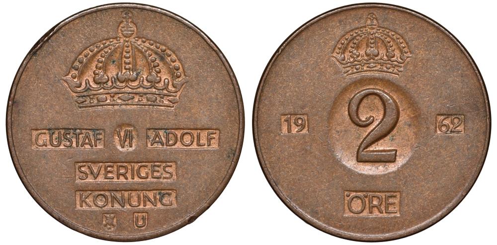 Швеция 2 эре 1962 Густав VI Адольф  бронза    18-1046