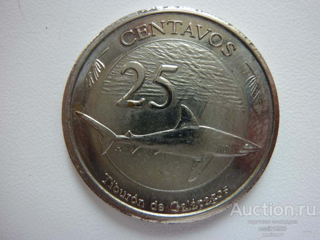 Галапагосские острова. 25 центов 2008г. Местная фауна. Акула. Оригинал. Люкс!