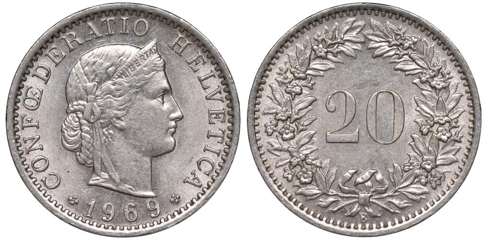 Швейцария 20 раппов раппенов 1969 голова Свободы      18-1252