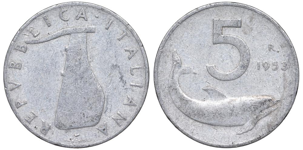 Италия 5 лир 1953 R  алюминий    02-2612