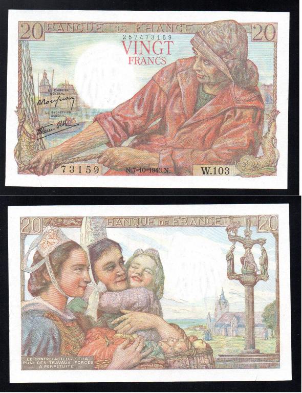 Франция - 20 франков 7.10. 1943 г., подп. Rousseau & Favre-Gilly, P 100a