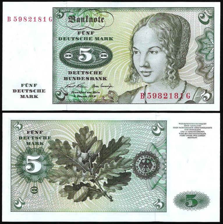 Германия. ФРГ 5 марок 1970 год. UNC