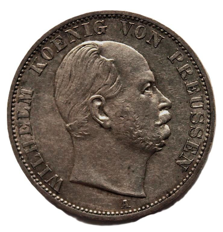 ПРУССИЯ 1 талер 1866 Серебро. Вильгельм I. «Курсовой». Без венка на голове