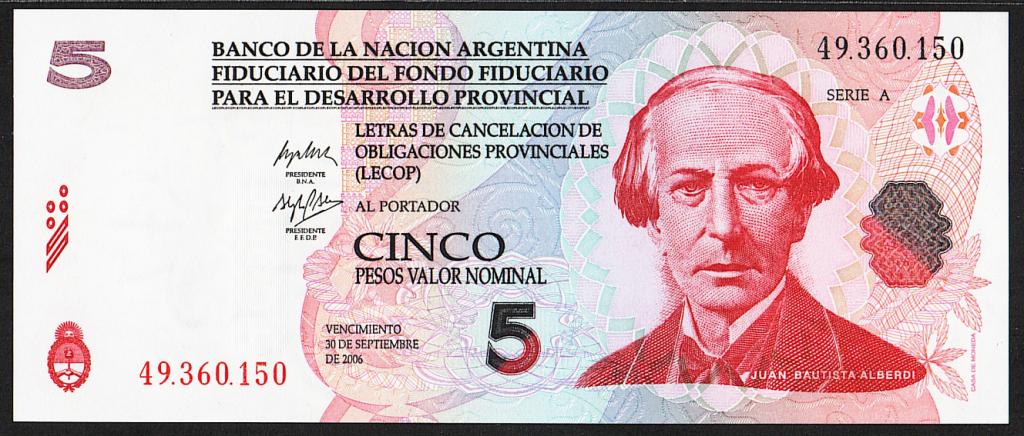 Аргентина. 5 песо. 2006 г. (2001г.). Серия А.  UNC. В1-4637