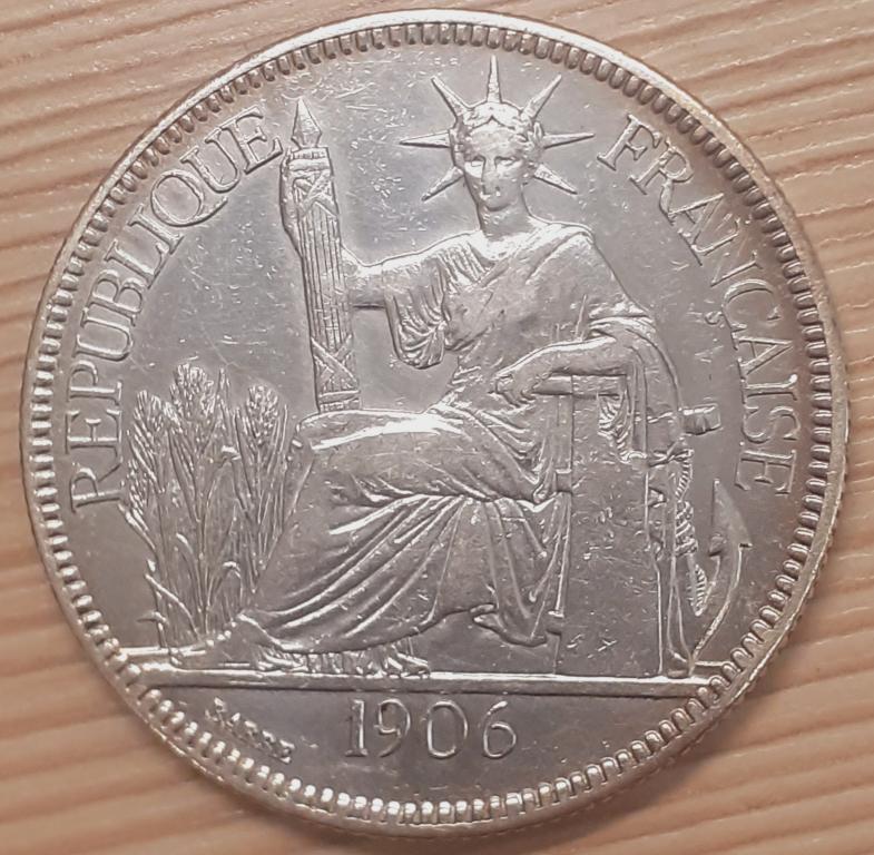 Французский Индокитай 1 пиастр 1906 г. Серебро.VF+/XF-. Оригинал
