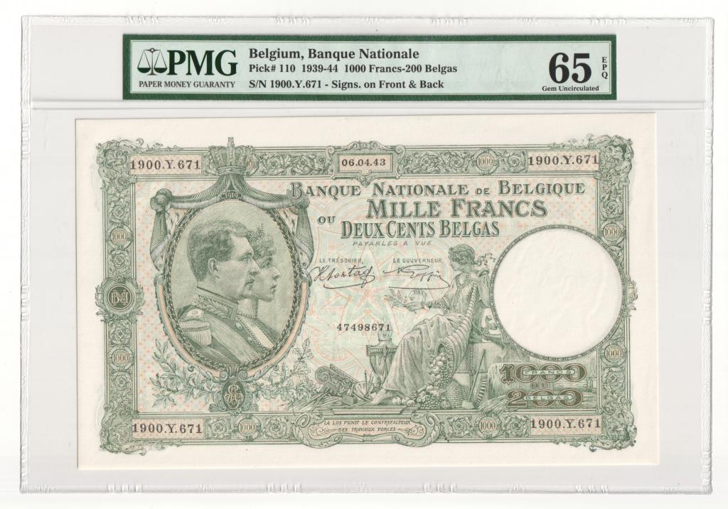 Бельгия 1000 франков 1943 PMG 65 EPQ Gem UNC!