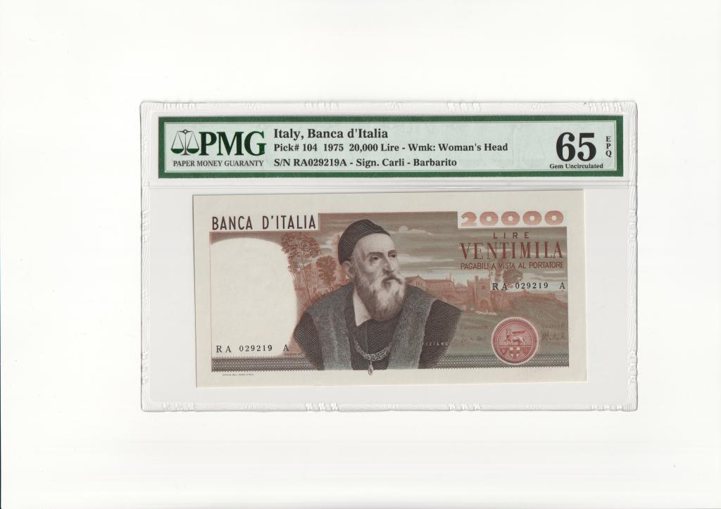 Италия 20000 лир 1975 PMG 65 EPQ Gem UNC! РЕДКОСТЬ!