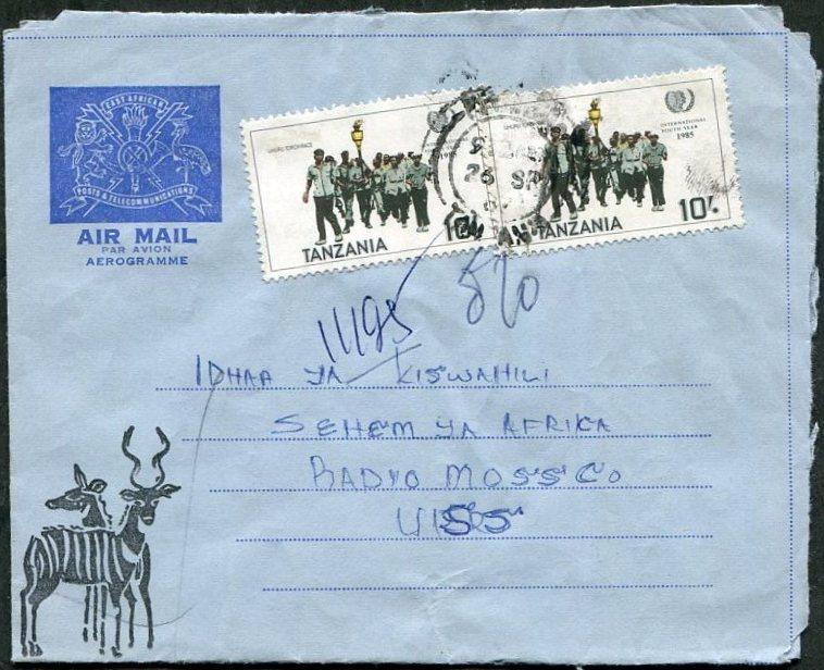 ФАУНА Танзания 1987 аэрограмма АНТИЛОПЫ шт. MWANZA Мванза автосервис Фольксваген Ауди Ровер ⇒ СССР