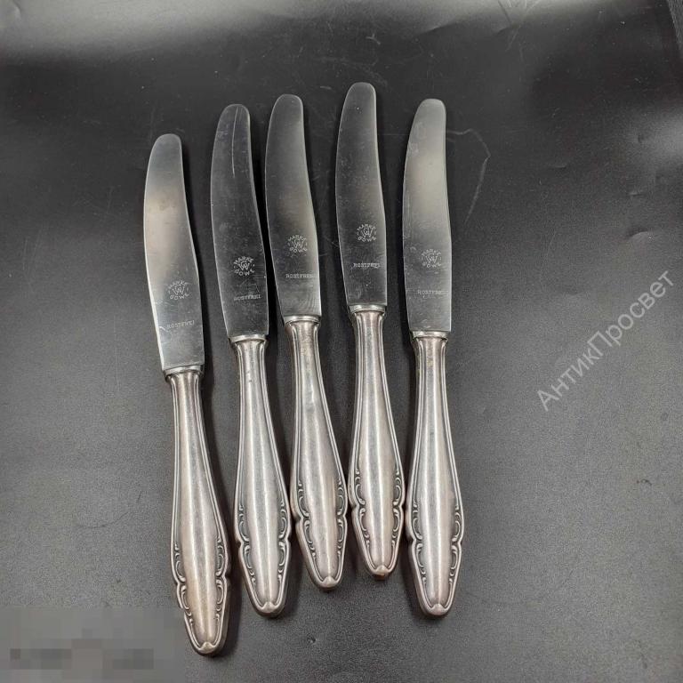 5 столовых ножей. Старинные. Глубокое серебрение. 90. (9344)
