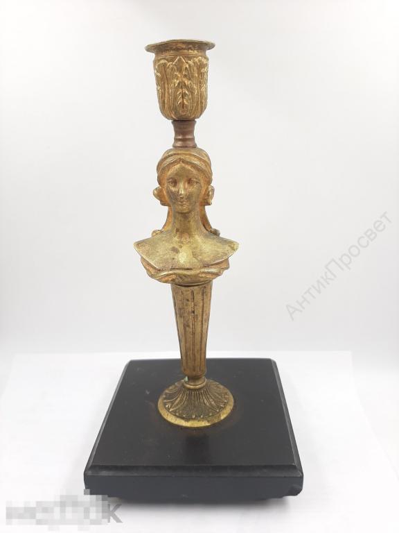 Подсвечник с головой девушки. Бронза, золочение, камень.  (Н -Э1242)