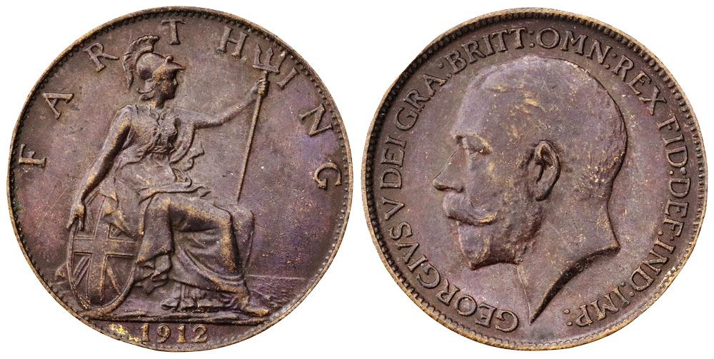 ВЕЛИКОБРИТАНИЯ 1 фартинг 1912 Георг V ННР MS61BN