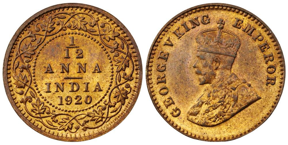 ИНДИЯ Британская 1/12 анна 1920 Георг V ННР MS63RB