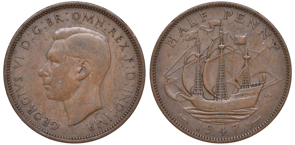 Великобритания 1/2 пенни 1947 Георг VI бронза 23-412