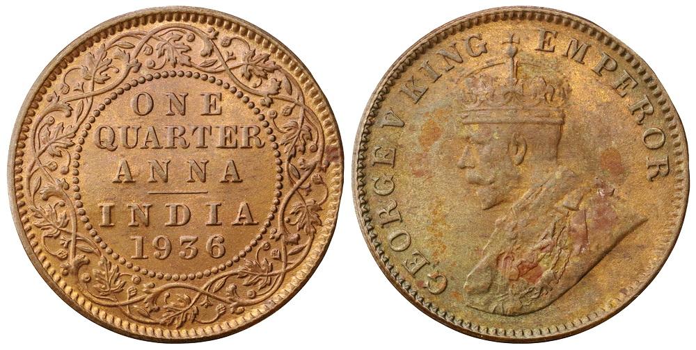 ИНДИЯ Британская 1/4 анна 1936 Георг V ННР MS62RB