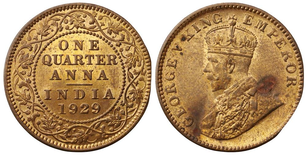 ИНДИЯ Британская 1/4 анна 1929 Георг V ННР UNC Det.