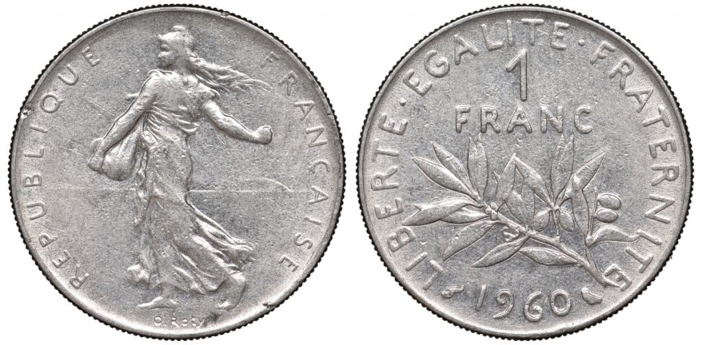 Франция 1 франк 1960 сеятель никель 23-955