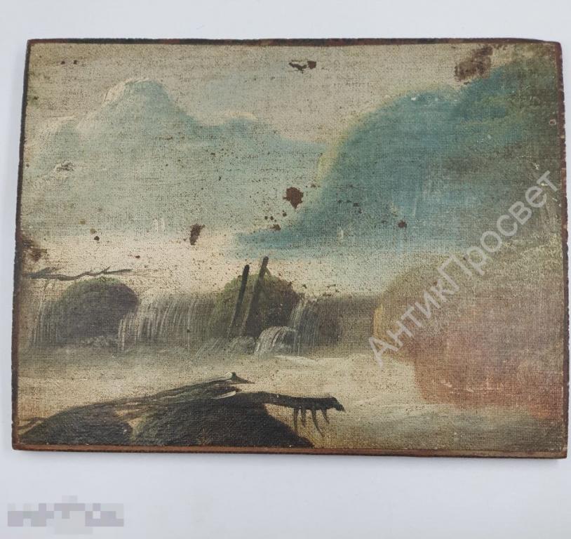 Старинная картина, пейзаж. Холст на дереве. Масло.  (М1083)